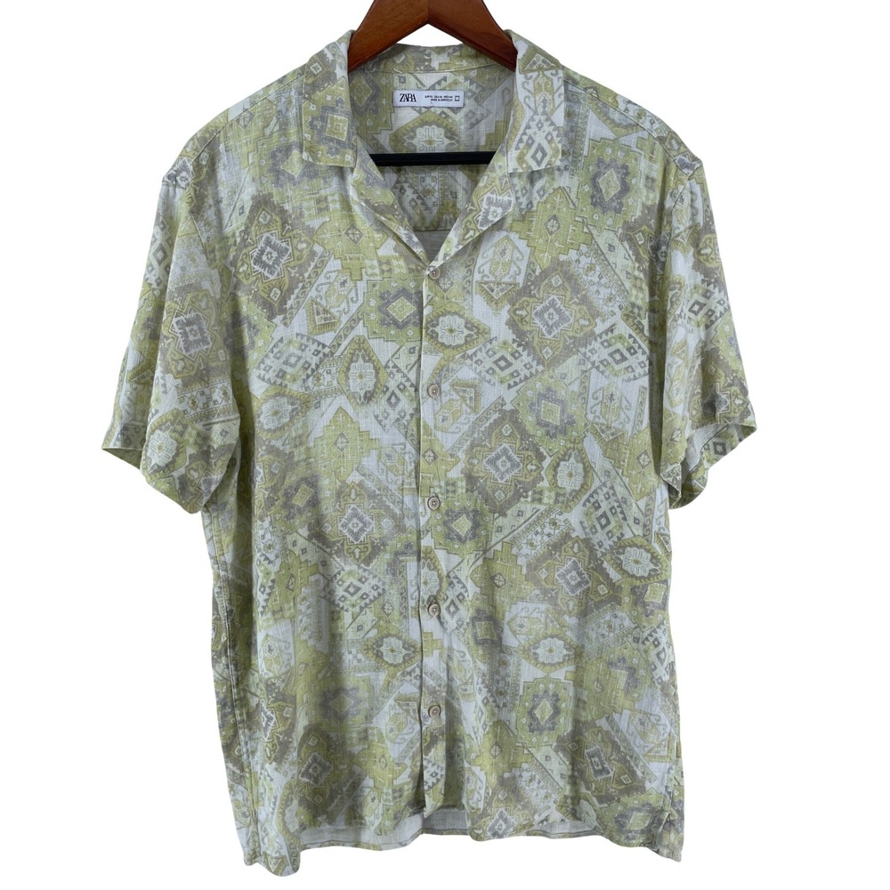 Zara Linen Blend Shirt Mens XL Green Geometric Camp Short Sleeve Old Money Vacay